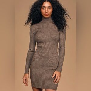 Lulu’s Snug As Can Be Heather Taupe Ribbed Mock Neck Sweater Dress